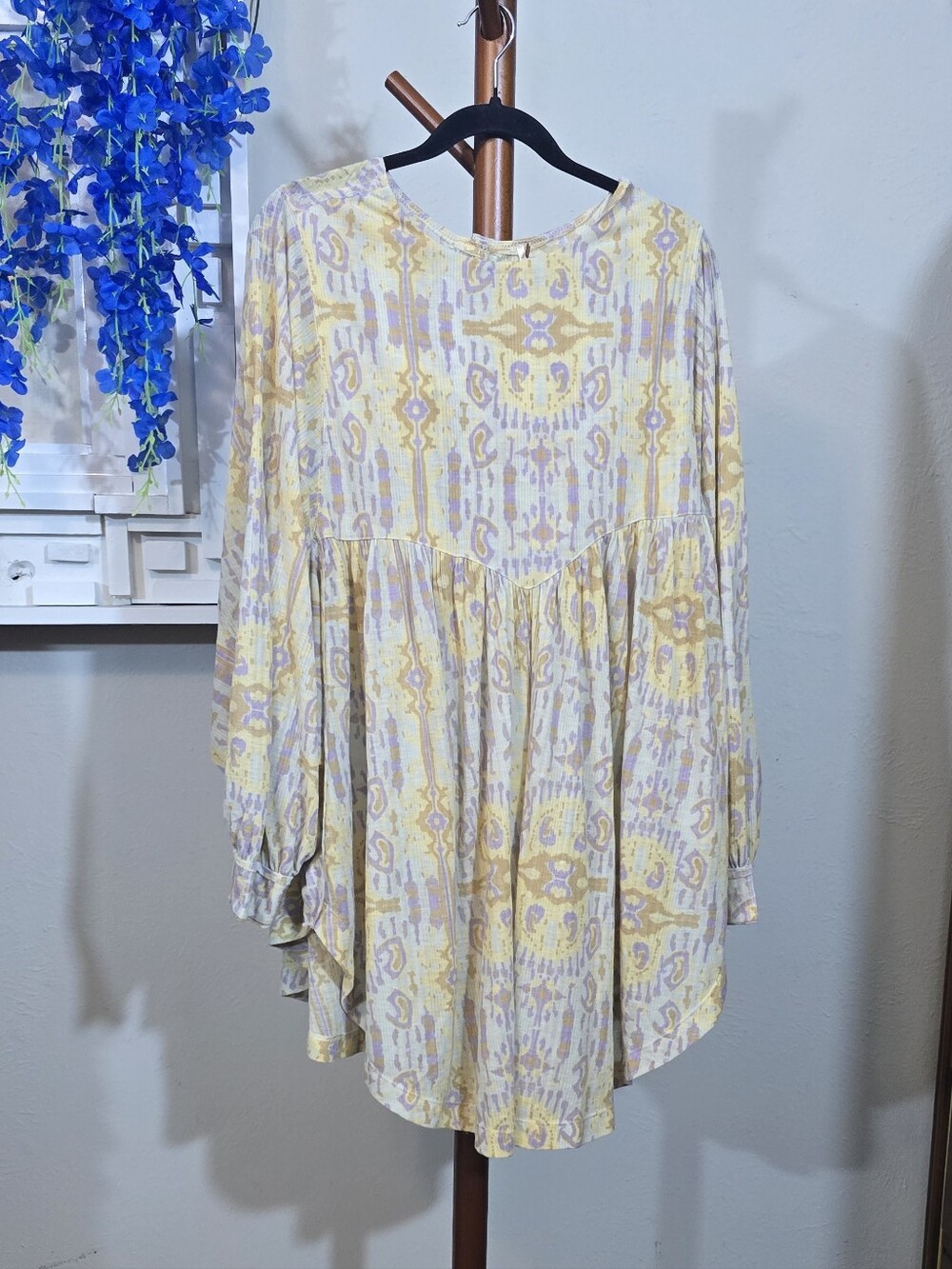 Free People Light Yellow Patterned Tunic Top Sz M-3X